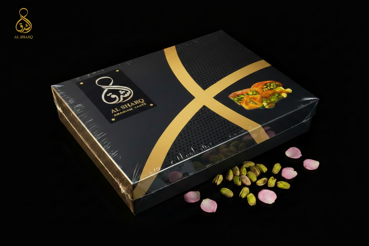Al Sharq Baklava Box 1000g – Seitenansicht mit Logo