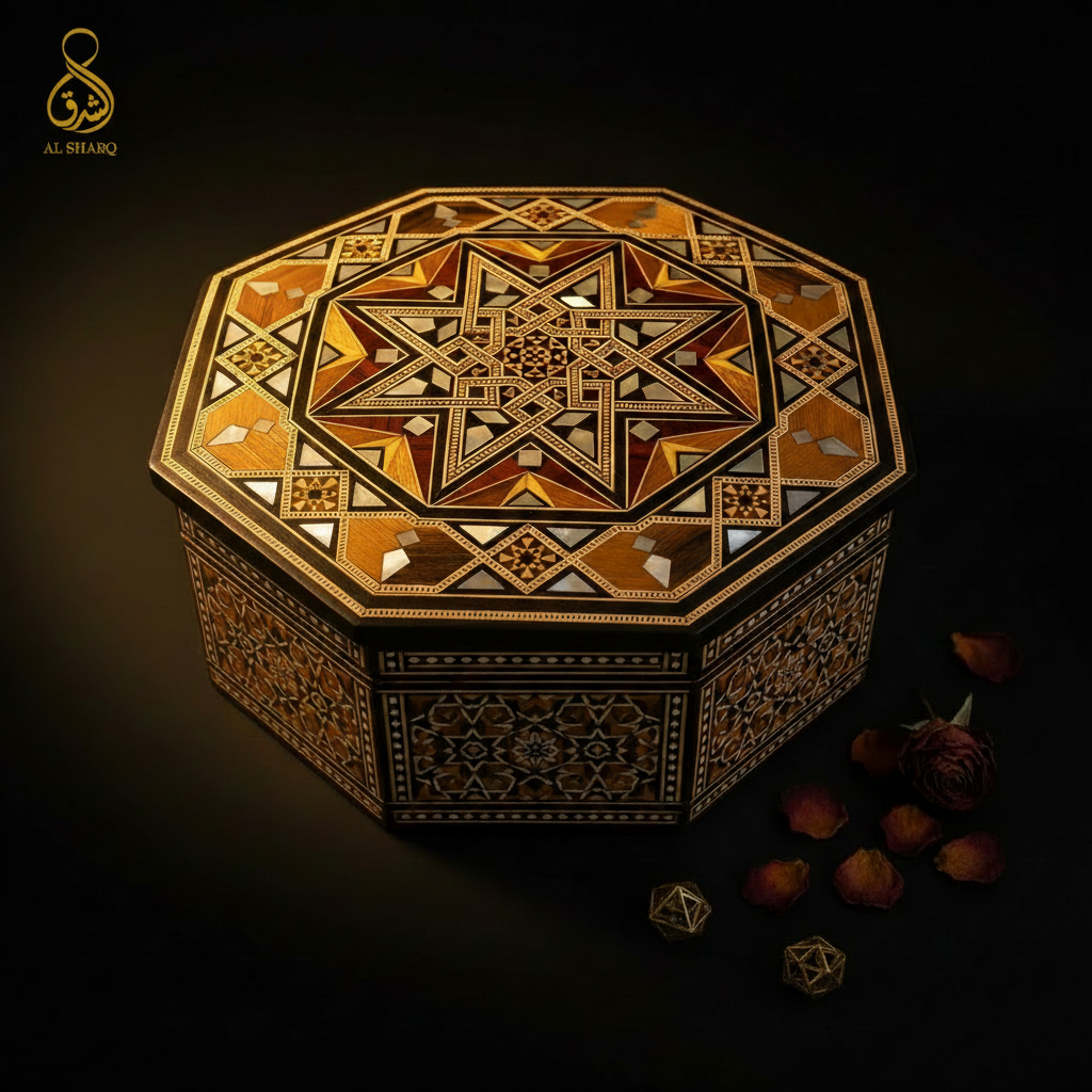 Damaszener Mosaik Holzbox – Oktagonal mit Logo