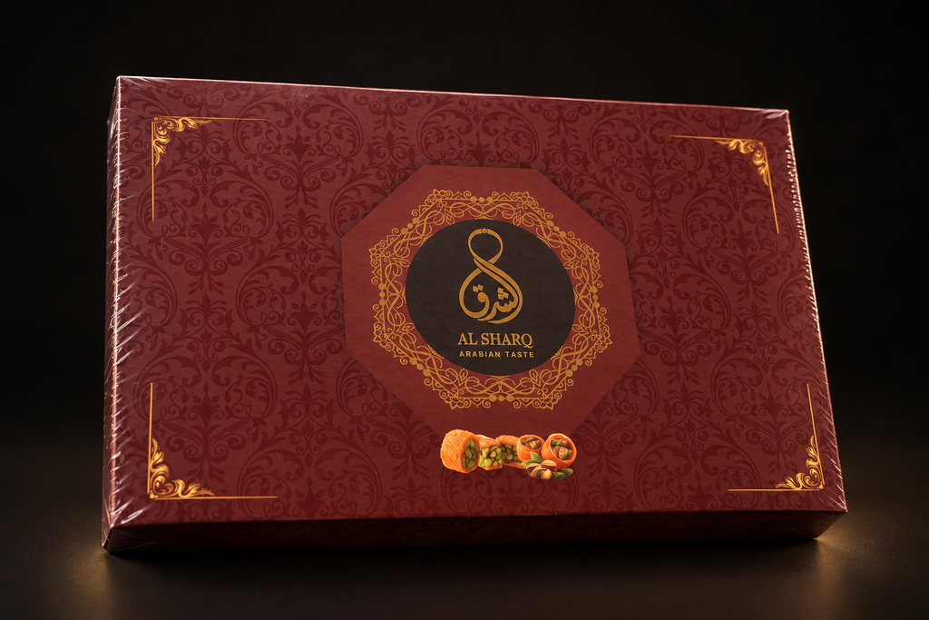 Rote Al Sharq Baklava-Geschenkbox, geschlossen