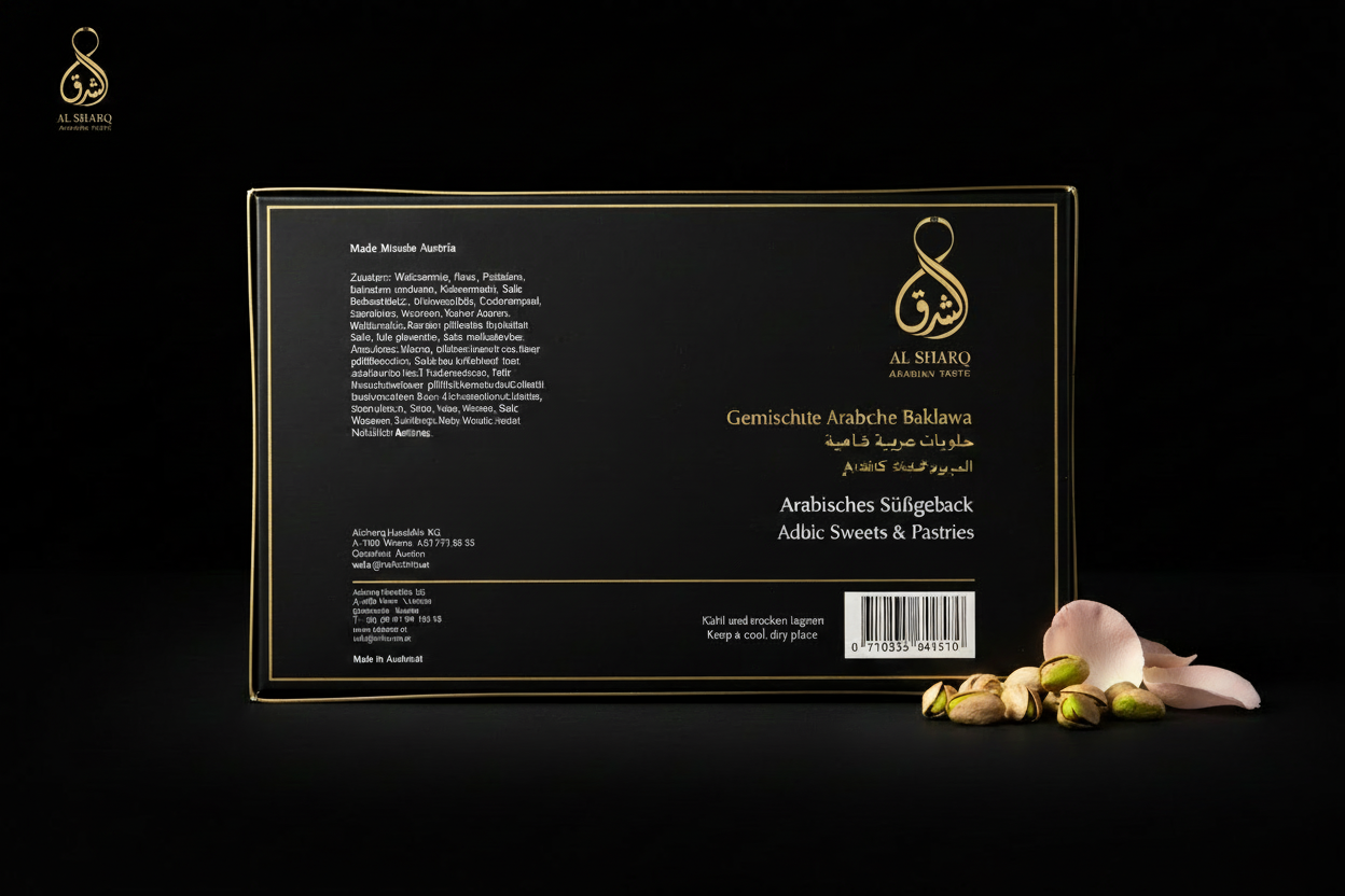Al Sharq Baklava Box 250g – Rückseite mit Logo