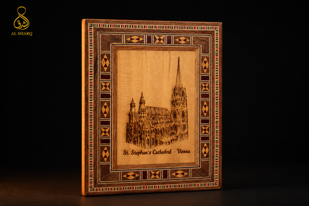 Zweiter KI-Entwurf der Mosaik-Holzbox mit Stephansdom-Gravur