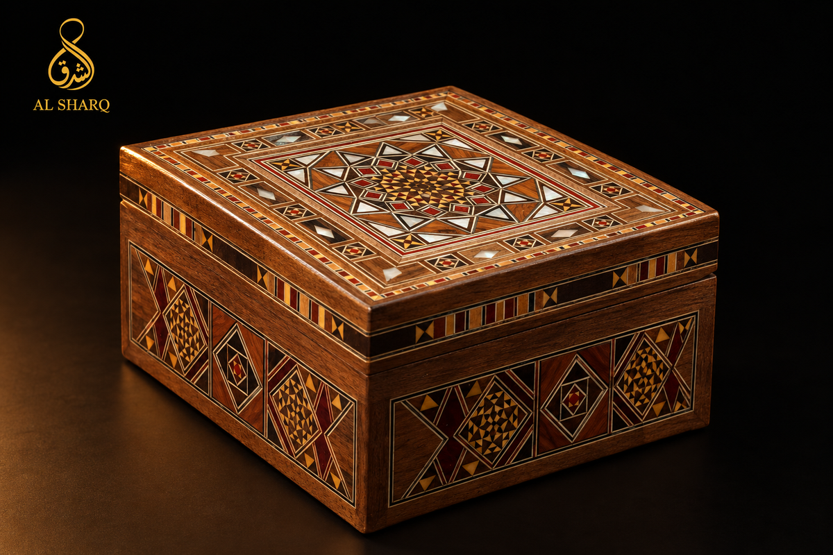 KI-Entwurf der quadratischen Mosaik-Holzbox schräg