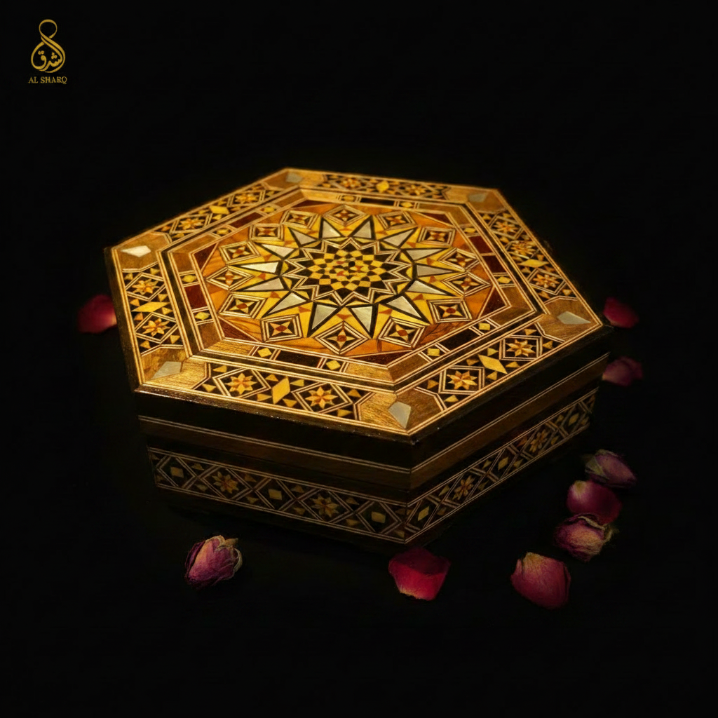 Damaszener Mosaik Holzbox – Hexagonal mit Logo