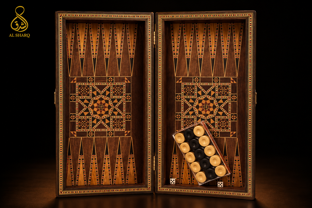 KI-Entwurf des geöffneten Tawli-Bretts mit Spielsteinen und Würfeln