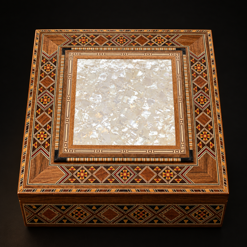 KI-Entwurf der quadratischen Mosaik-Holzbox mit schimmernder Deckeleinlage
