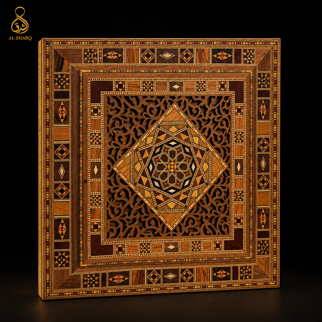 Deckelansicht der quadratischen Damaskus Mosaik-Holzbox mit durchbrochenem Ornament