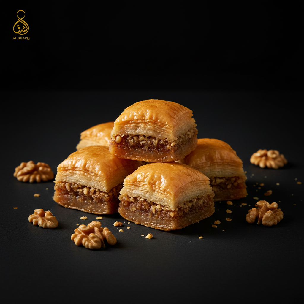 Mehrere Stücke syrische Baklava mit Walnüssen auf schwarzem Hintergrund
