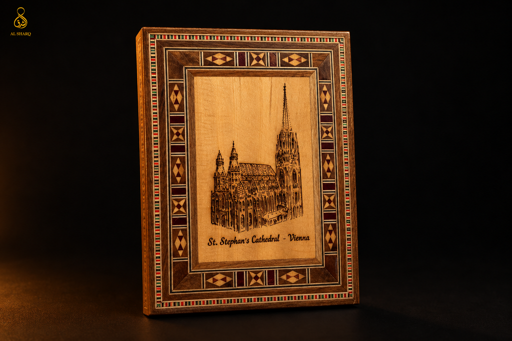 KI-Entwurf der Mosaik-Holzbox mit Stephansdom-Gravur
