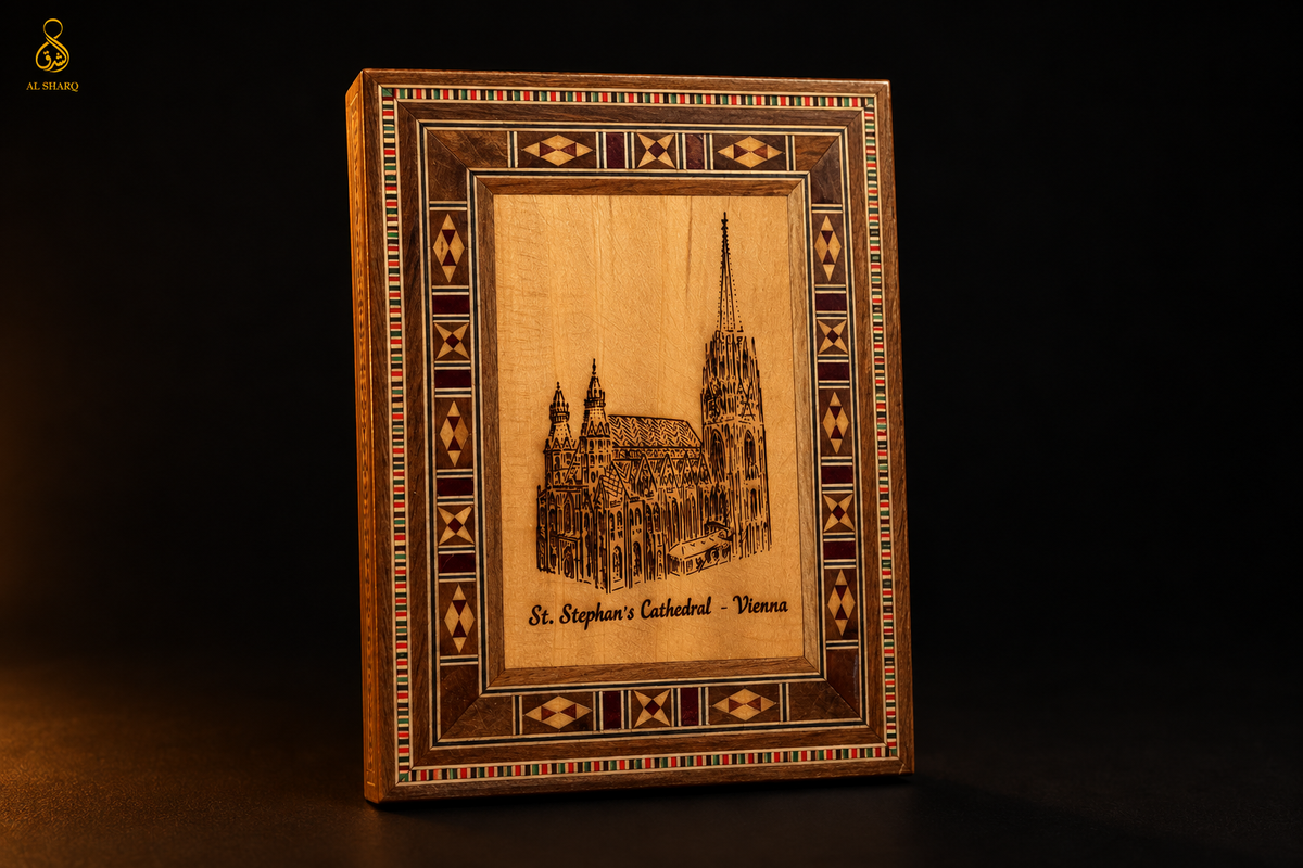 KI-Entwurf der Mosaik-Holzbox mit Stephansdom-Gravur