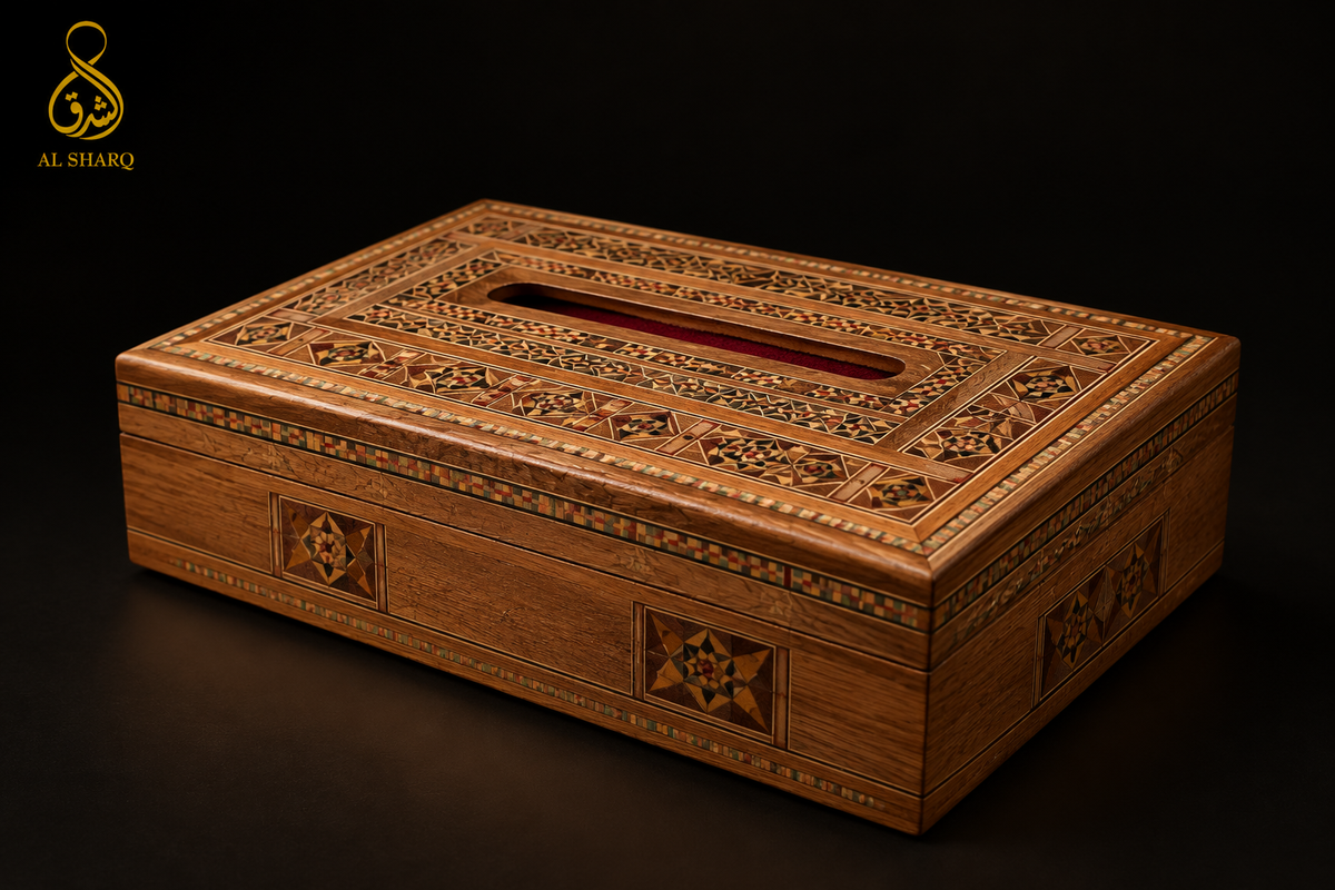 Damaskus Mosaik-Tücherbox aus seitlichem Winkel