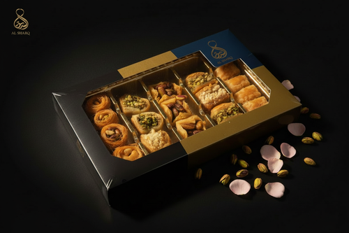 Al Sharq Baklava Box 250g – Seitenansicht mit Logo
