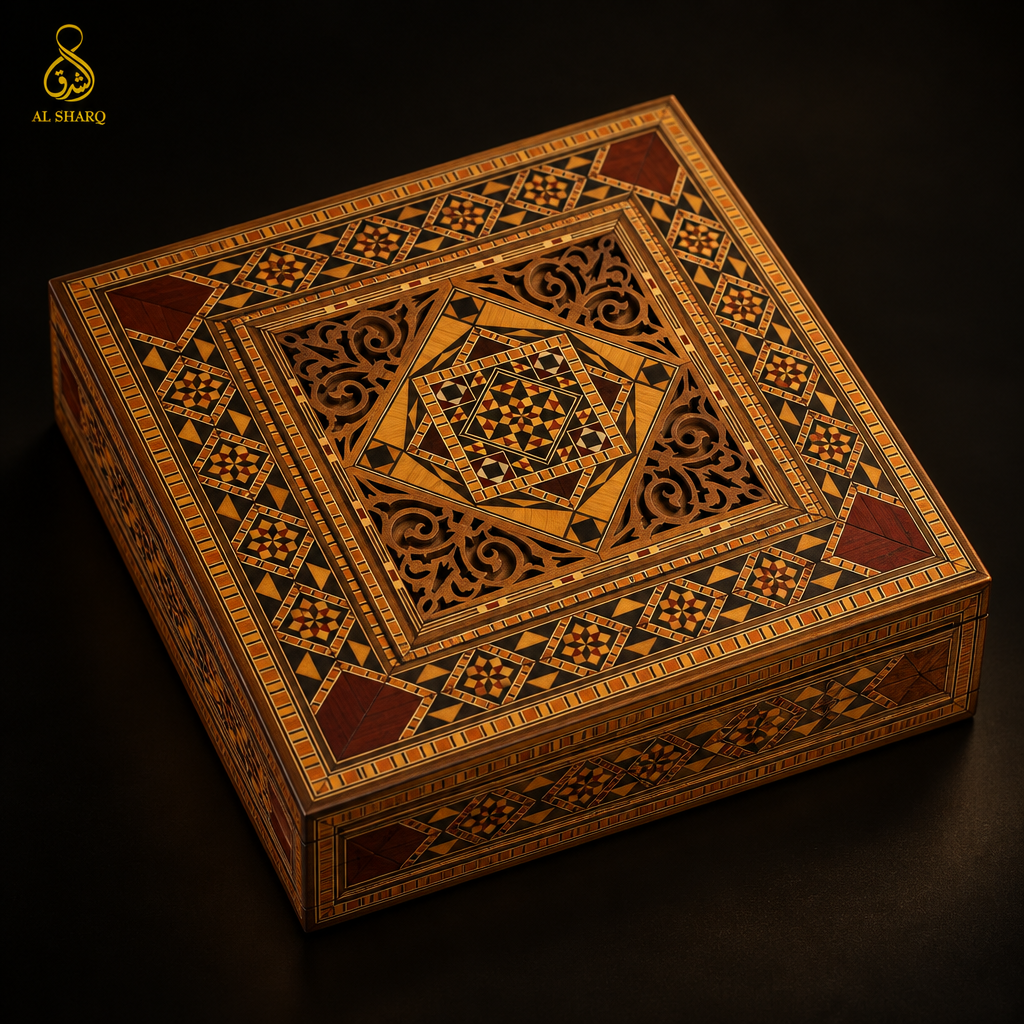 Quadratische Damaskus Mosaik-Holzbox mit Rautenmuster, geschlossen