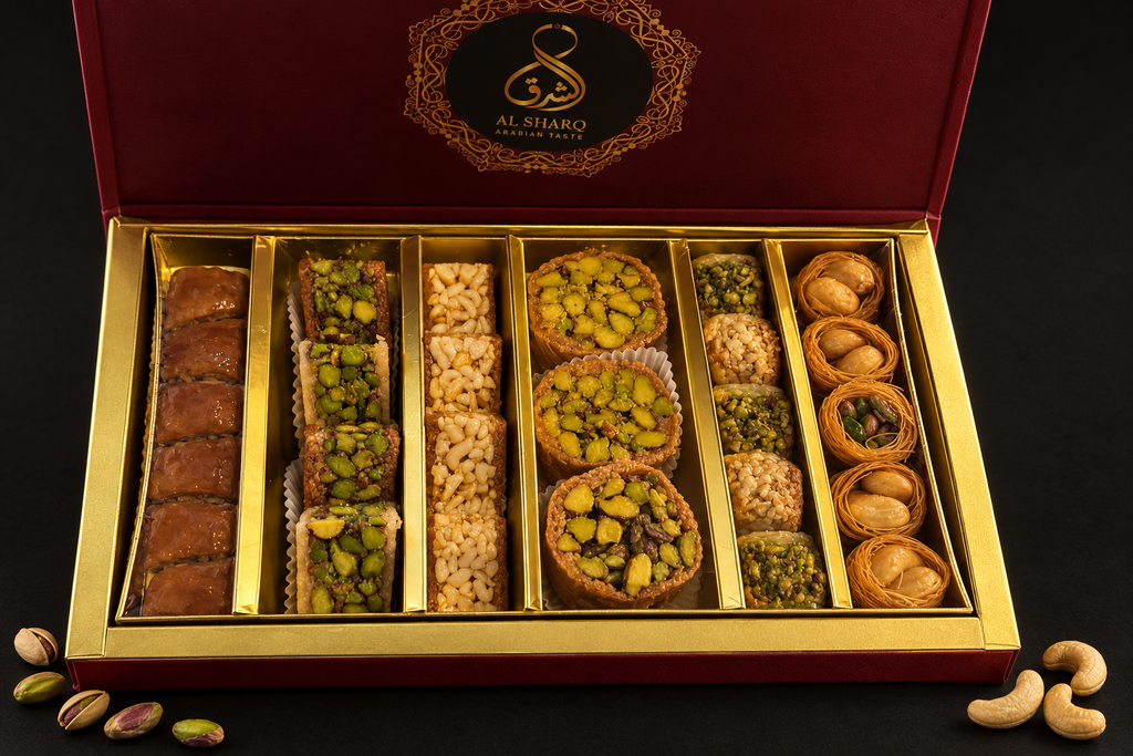 Rote gemischte Baklava-Geschenkbox, geöffnet mit Pistazien und Cashews