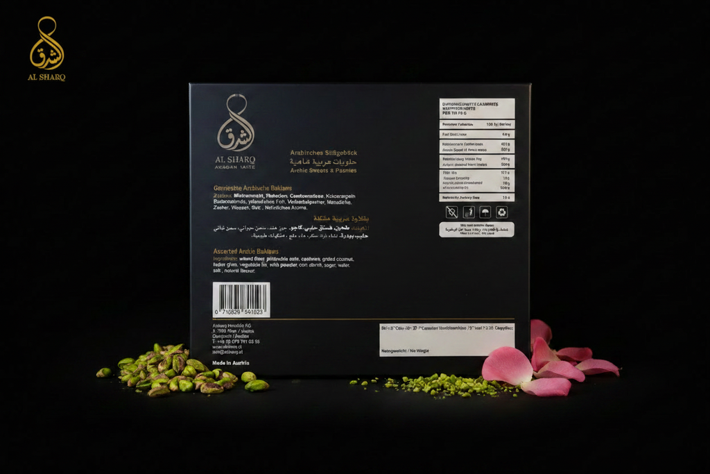 Al Sharq Baklava Box 500g – Rückseite mit Logo