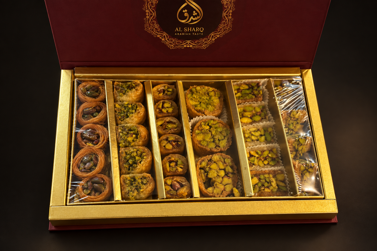 Rote Baklava-Geschenkbox, geöffnet, mit Pistazien-Baklava