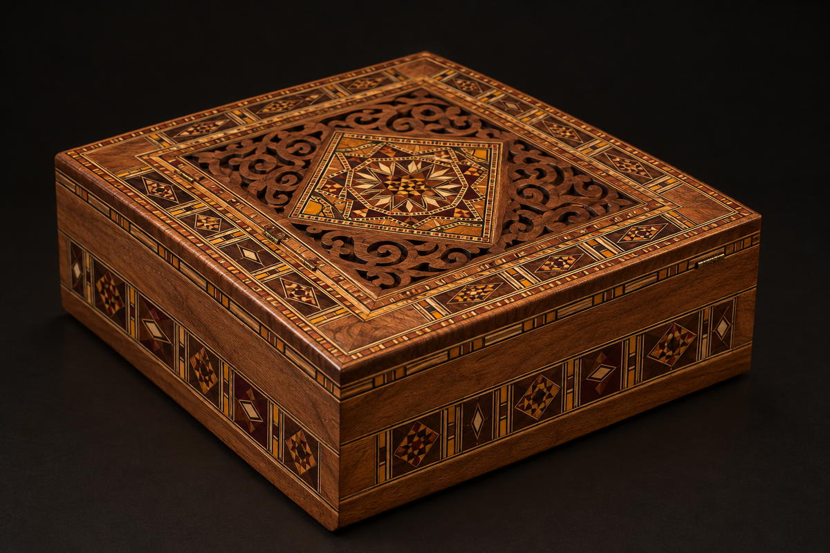 Mosaikbox mit geschnitztem Sternmotiv, schräg von vorn