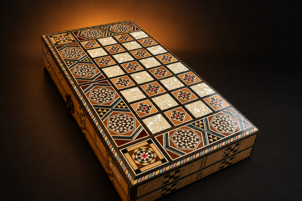 Schräge Ansicht der geschlossenen Mosaik-Holzbox